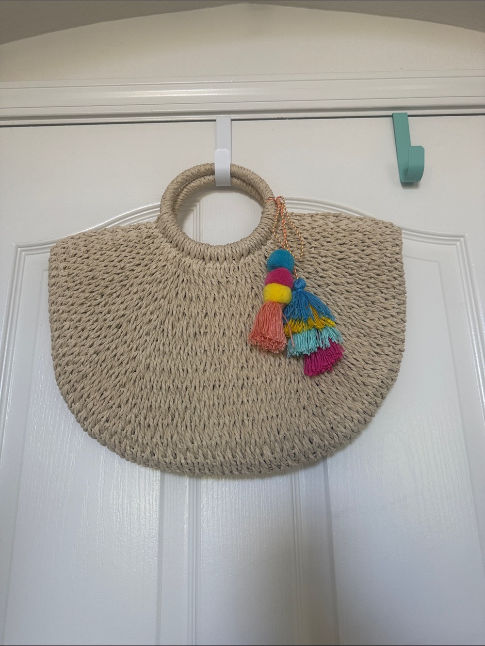 Natural Woven Straw Tote with Multicolor Tassels